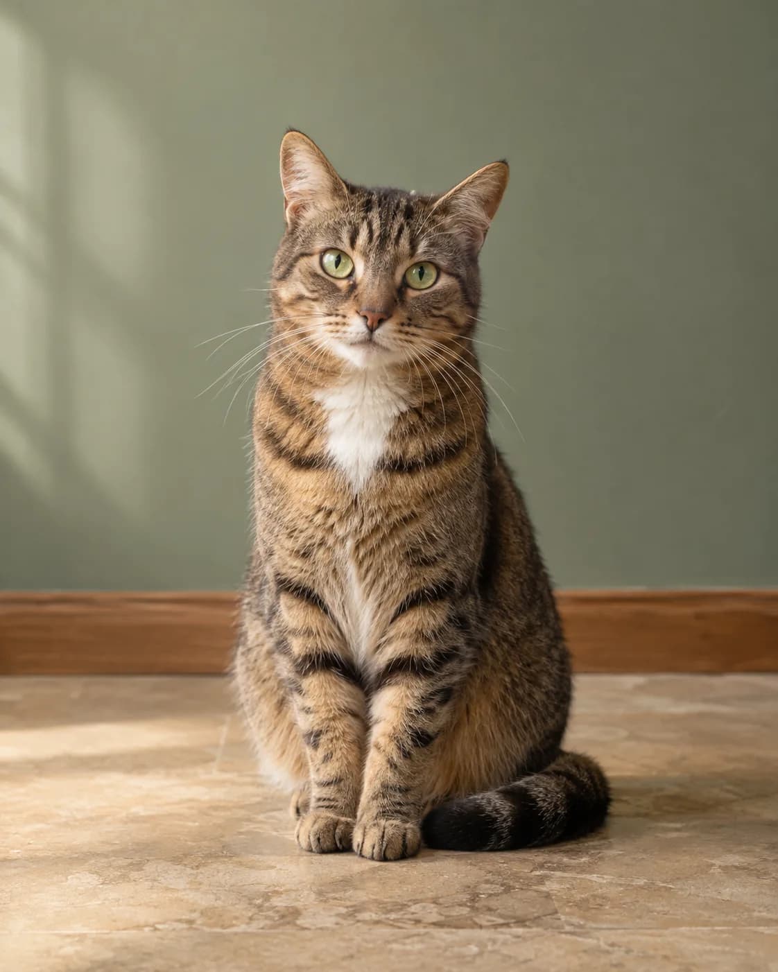 Illustrative portrait of a calm tabby cat with a white chest sitting against a sage-green backdrop