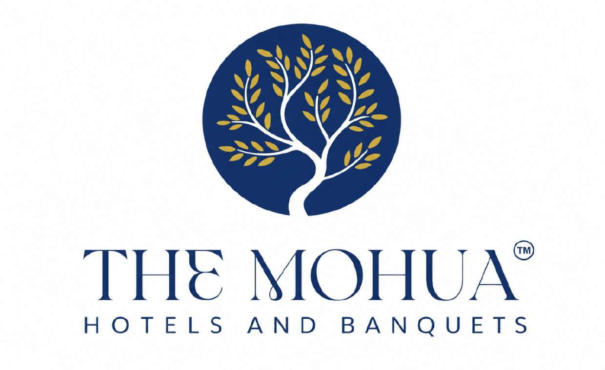 The Mohua — Hotels and Banquets, with a white mahua tree and gold leaves inside a navy roundel